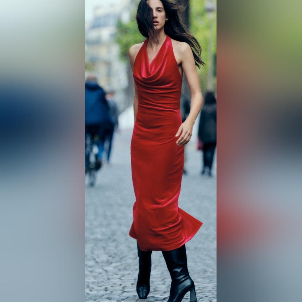 Zara Red Velvet Halter Midi Dress Size Medium